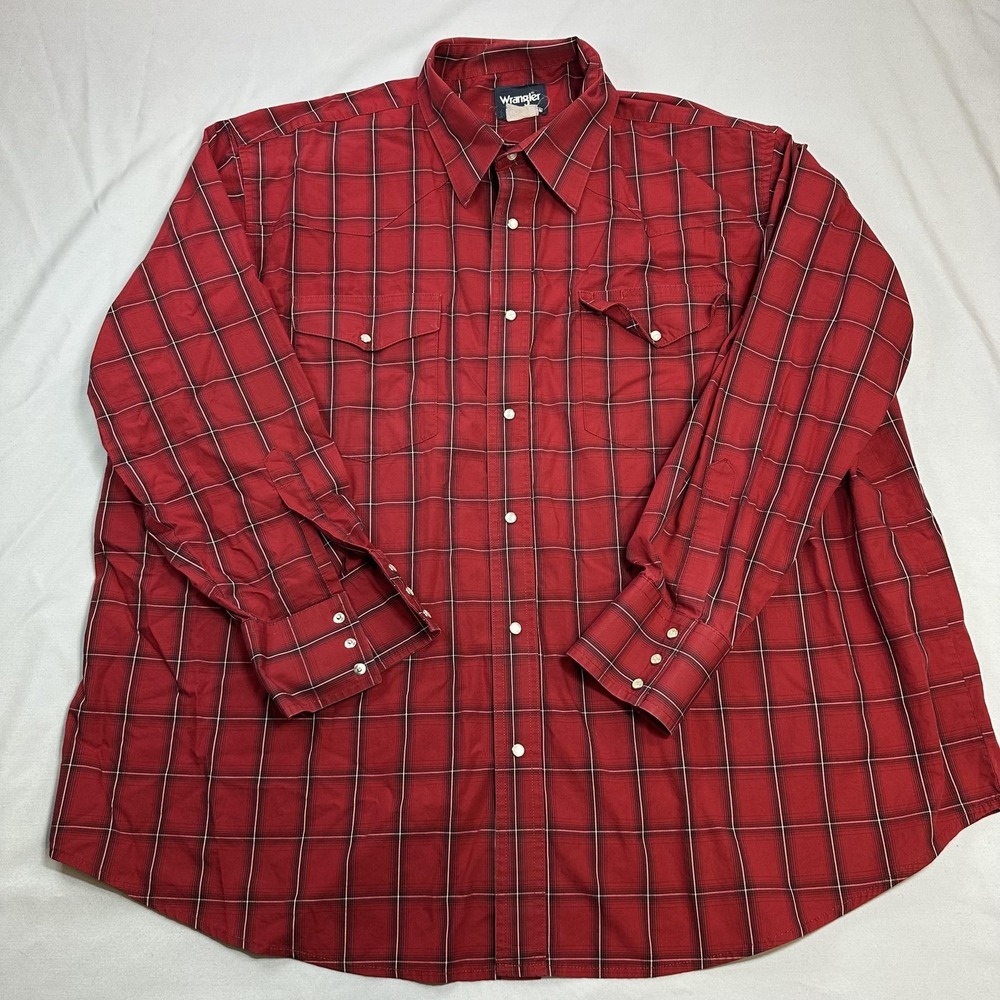 Wrangler Shirt Mens Fits 3XL Red Plaid Flannel Snap Western Casual Double Flap